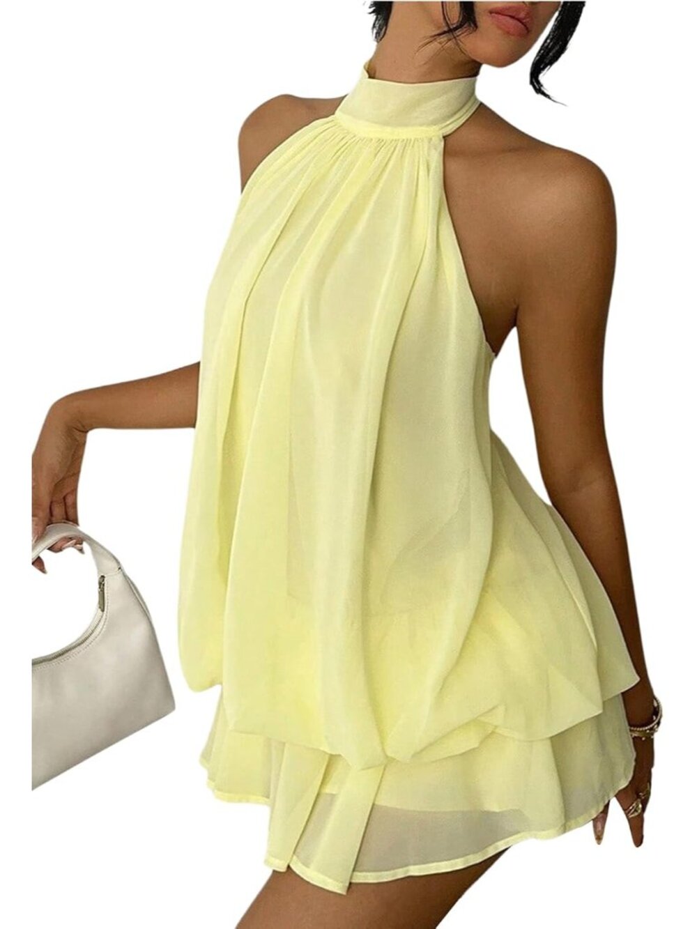 Women's Chiffon Halter Drop Waist Flowy Wedding Guest Mini Dresses